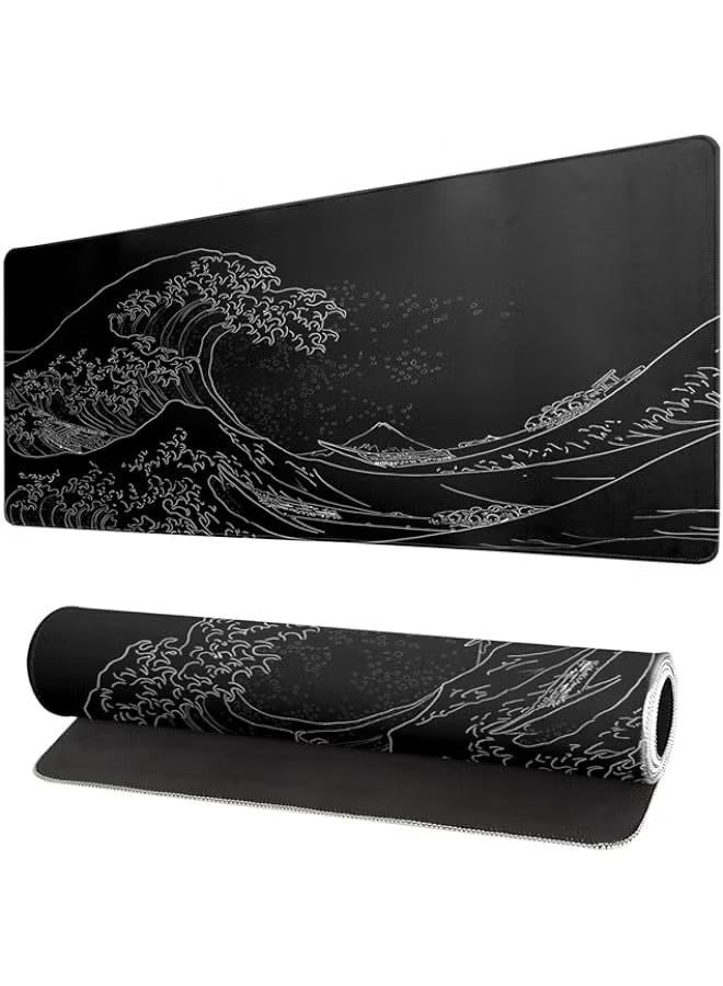 بروماس لوحة ماوس كبيرة لموجة البحر اليابانية، لوحة ماوس ألعاب سوداء أنيمي، لوحة ماوس ممتدة من Kanagawa، قاعدة مكتبية بقاعدة مطاطية طويلة غير قابلة للانزلاق بسمك 3 مم، 31.5 × 11.8 بوصة - Image 1