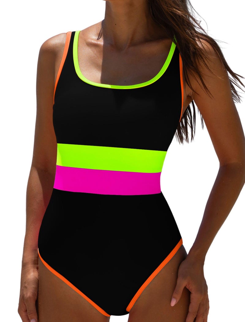 popvil Women's One Piece Swimsuits 2025 Tummy Control -Modest Neon 1 Piece Bathing Suit Beach Outfit Sexy Sport Swim Suits,Black Yellow,Large - Image 1
