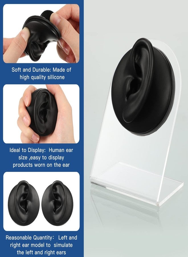 Cindeer 2 Pcs Flexible Silicone Ear Model Reused Soft Mold Fake Ear for Earrings Jewelry Display for Piercing Practice with Acrylic Stand (Black - Image 3