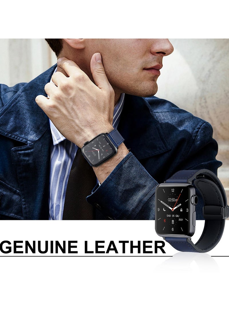 SYOSI Magnetic Leather Watch Band for Apple Watch Ultra 49mm, 45mm, 44mm, 42mm, Genuine Leather Strap with Magnetic Buckle for Apple Watch Ultra 2 9 8 7 Series, Blue - Image 2