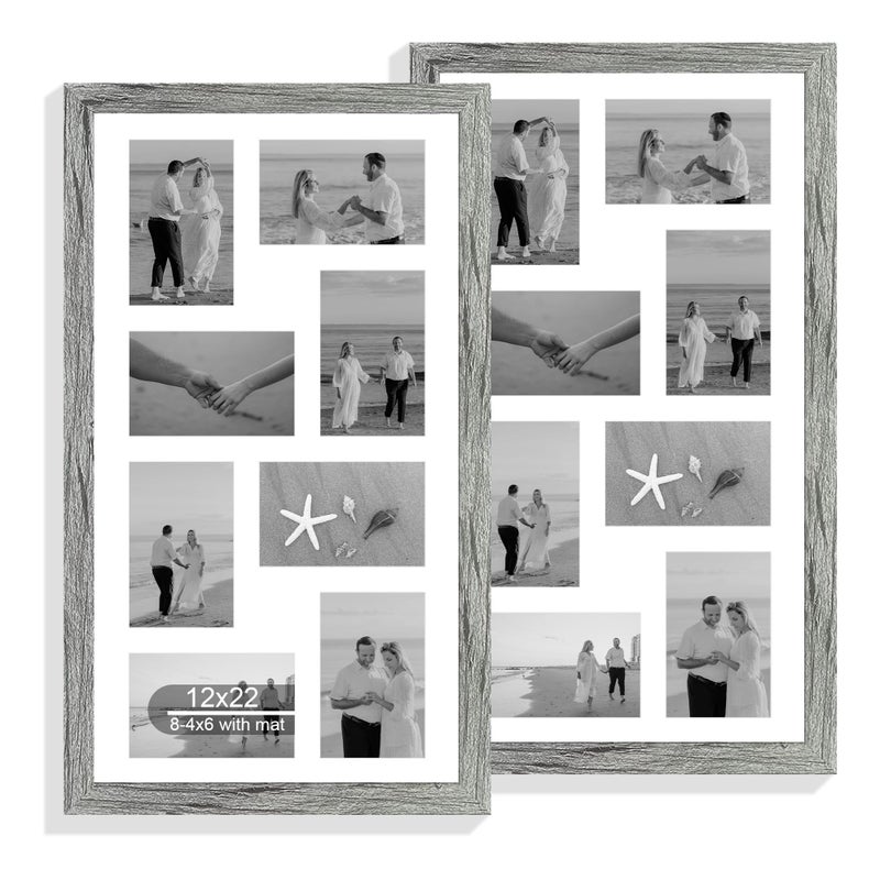 Hongkee 12x22 Picture Frame Set of 2, Grey with Glass Collage Frame, Display Eight Opening 4x6 Photos With Mat or 12 x 22 Newspaper Without Mat - Horizontal or Vertical Wall Mounting - Image 1