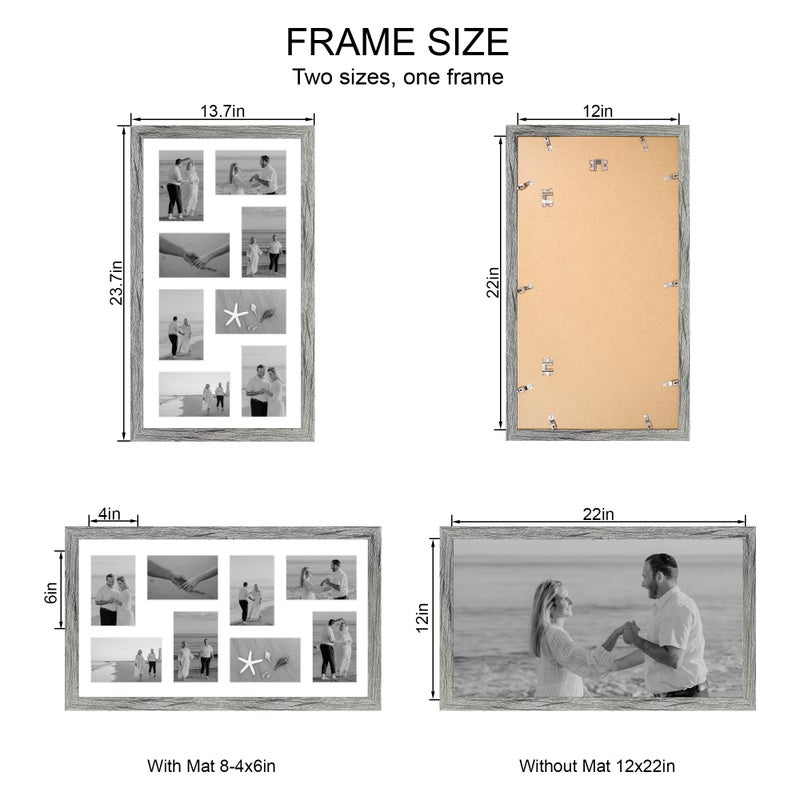 Hongkee 12x22 Picture Frame Set of 2, Grey with Glass Collage Frame, Display Eight Opening 4x6 Photos With Mat or 12 x 22 Newspaper Without Mat - Horizontal or Vertical Wall Mounting - Image 2