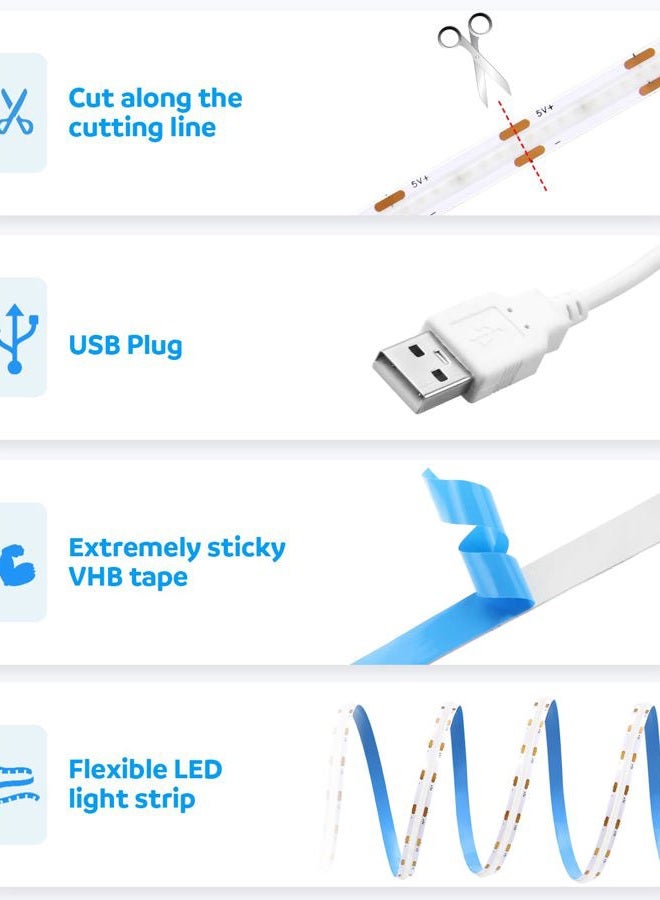 Aclorol COB LED Strip Light 1M 5V Flexible Blue LED Strip Lights for Bedroom with 1M USB Powered Cable Not Dimmable for Kitchen Cabinet Gaming Room Indoor DIY Decoration 320LEDs/M CRI85+ - Image 4