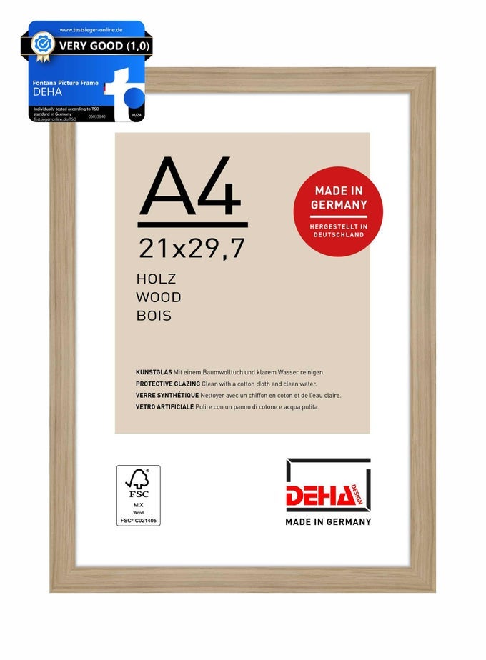 FONTANA WOODEN PICTURE FRAME OAK A4 21X297CM WITH PUSH AND TURN CLIPS