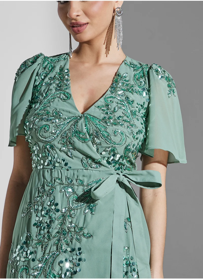 Maya Embellished Angel Sleeve Wrap Dress