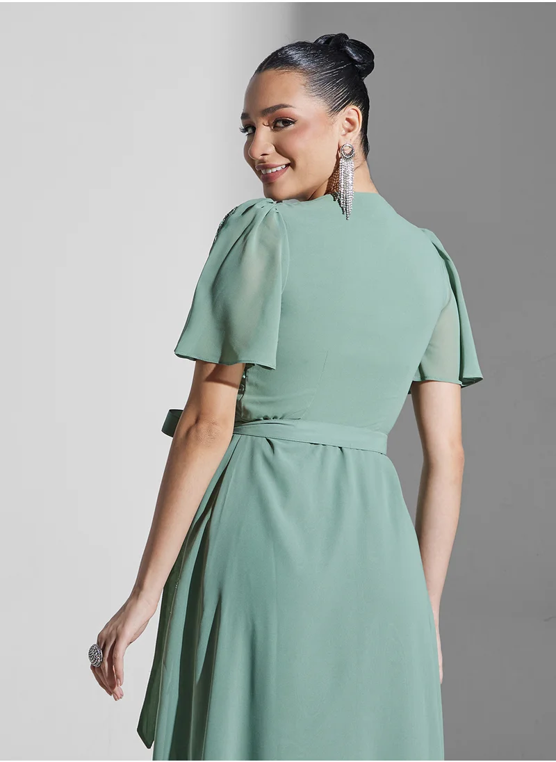 Maya Embellished Angel Sleeve Wrap Dress