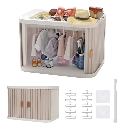 Creproly Doll Wardrobe Storage Box Foldable Doll Closet with 10 Hangers and Rod for 1517cm Doll Clothes Stackable Organizer Cabinet with DustResistant Cover and Display Shelf Pearl Grey - Image 1