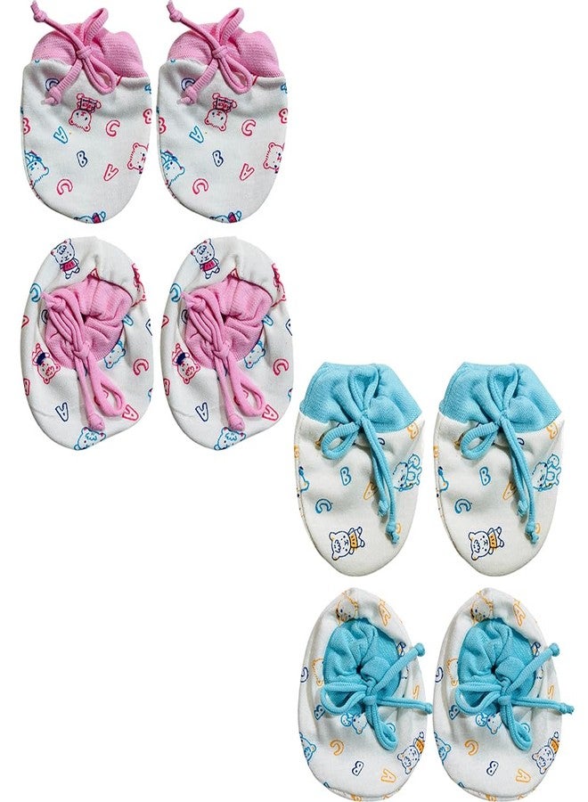 Bigbought Newborn Baby Mittens and Socks Set, 2 Pairs, Cotton, Cartoon Print, Pink Blue Peach (2) - Image 1