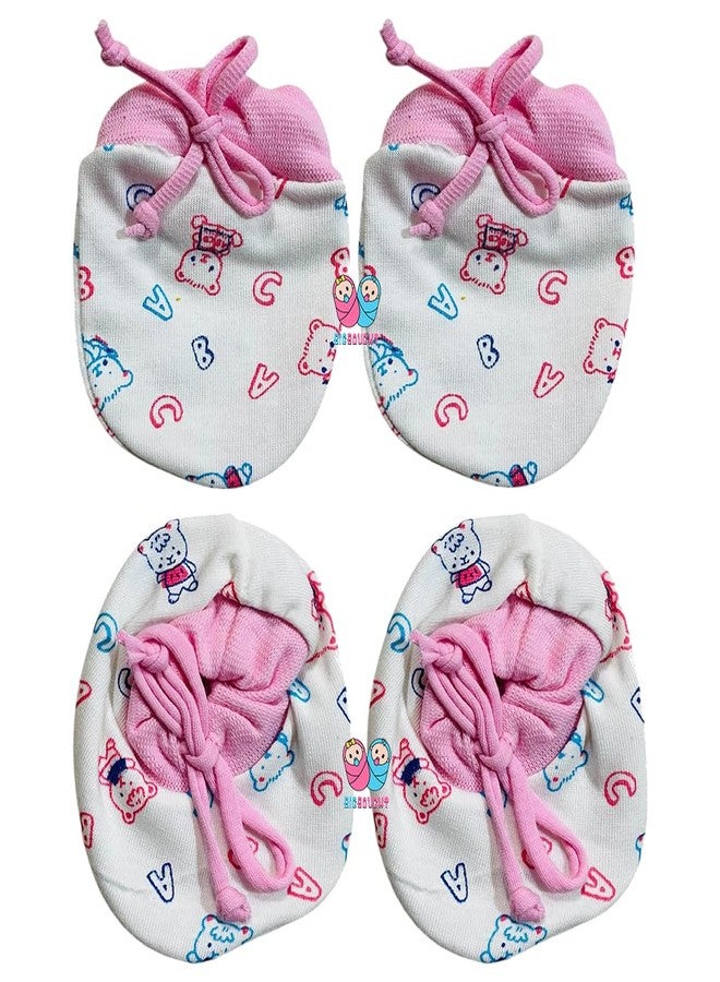 Bigbought Newborn Baby Mittens and Socks Set, 2 Pairs, Cotton, Cartoon Print, Pink Blue Peach (2) - Image 2