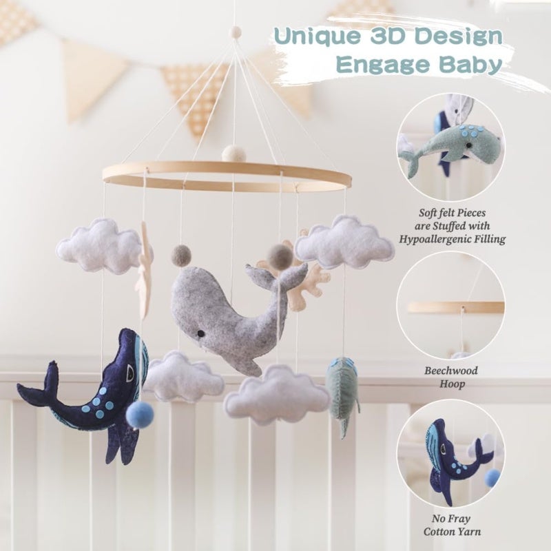 Crib Mobile 100% Eco-Friendly Handmade Felt & Natural Wood - Ocean-Themed Whale Dolphin Design Nursery Decor for Newborn Infant Boys Girls Cribs Bassinets Bedroom - Image 5