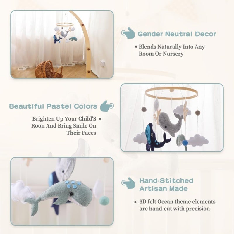 Crib Mobile 100% Eco-Friendly Handmade Felt & Natural Wood - Ocean-Themed Whale Dolphin Design Nursery Decor for Newborn Infant Boys Girls Cribs Bassinets Bedroom - Image 4