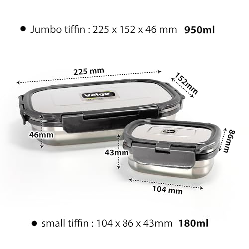 Veigo Steel Lunch Boxes for Office Men, Tiffin Box for Office Men, Lunch Box for Kids, Jumbo 950 ml, 180 ml Veg Box | Detachable Clips | Leakproof & Airtight | Durable Stainless Steel Lid | Black - Image 3