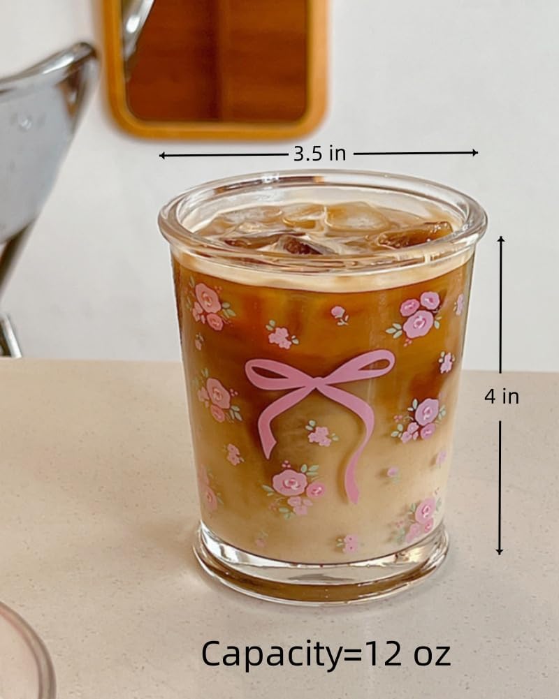 yaocoral Set of 2 12 OZ French Drinking Glasses Floral Glass Coffee Cup Flower Tea Cup Cute Glass Cups for Iced TeaJuiceCoffeeMilkDessertStackable Glassware Drinkware Set pink floral - Image 4