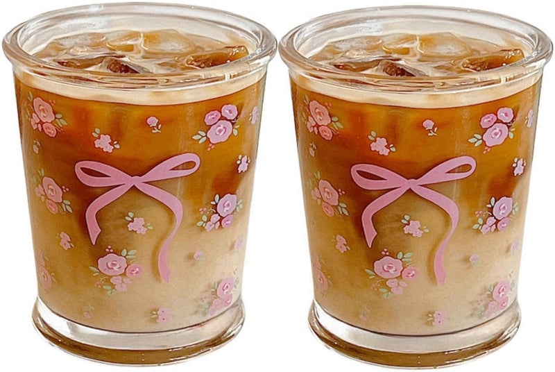 yaocoral Set of 2 12 OZ French Drinking Glasses Floral Glass Coffee Cup Flower Tea Cup Cute Glass Cups for Iced TeaJuiceCoffeeMilkDessertStackable Glassware Drinkware Set pink floral - Image 1