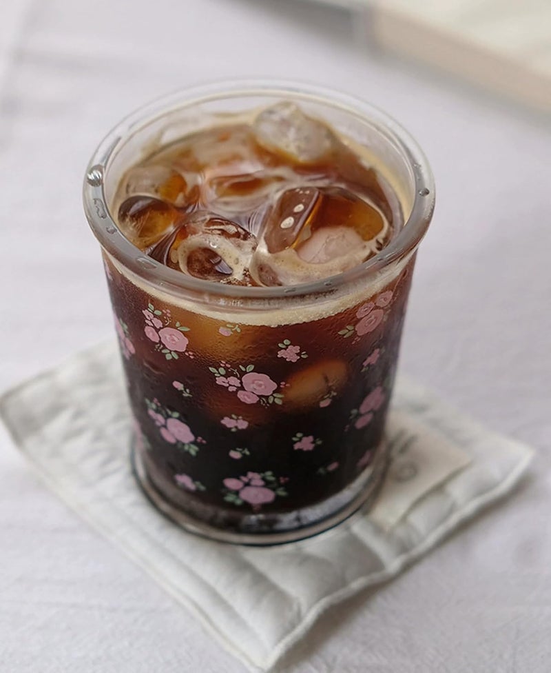 yaocoral Set of 2 12 OZ French Drinking Glasses Floral Glass Coffee Cup Flower Tea Cup Cute Glass Cups for Iced TeaJuiceCoffeeMilkDessertStackable Glassware Drinkware Set pink floral - Image 3