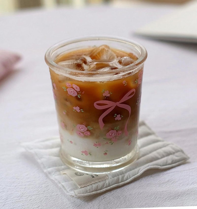 yaocoral Set of 2 12 OZ French Drinking Glasses Floral Glass Coffee Cup Flower Tea Cup Cute Glass Cups for Iced TeaJuiceCoffeeMilkDessertStackable Glassware Drinkware Set pink floral - Image 2