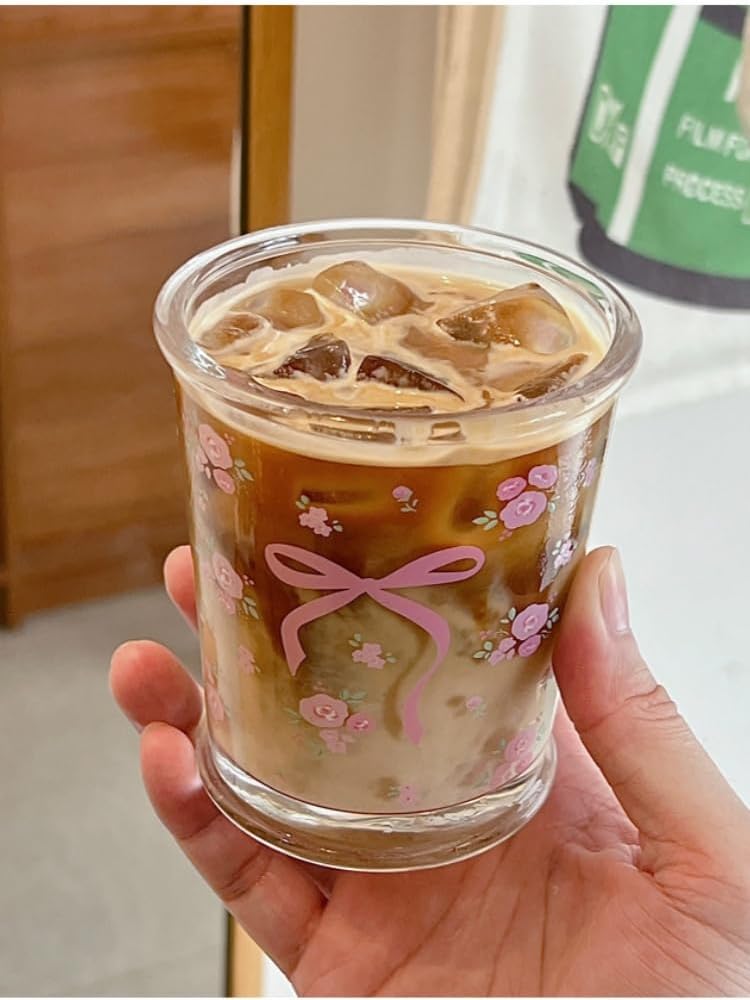 yaocoral Set of 2 12 OZ French Drinking Glasses Floral Glass Coffee Cup Flower Tea Cup Cute Glass Cups for Iced TeaJuiceCoffeeMilkDessertStackable Glassware Drinkware Set pink floral - Image 5