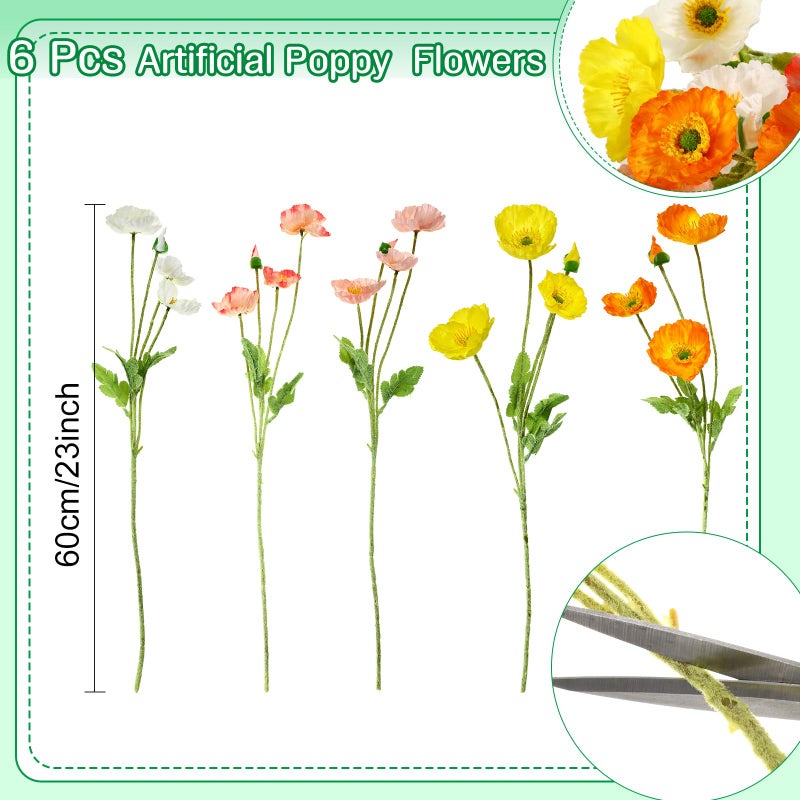 Canlierr 6 Pcs Silk Artificial Poppy Faux Poppy Spring Flowers for Home Kitchen Wedding Decorations Floral Arrangement Table Centerpieces Vase Bouquet (Mixed Colors) - Image 2