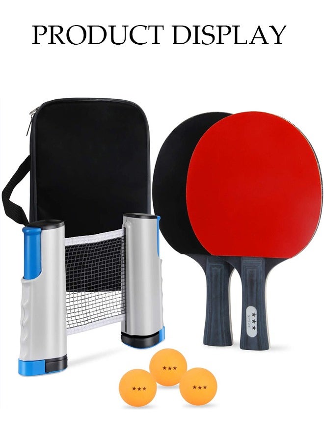 2 Long-Handled Table Tennis Rackets With Three Three-Star Ping Pong Balls, High-Performance Set With Net, Table Tennis Racket Set, Ideal For Skill Development, With Retractable Net, Suitable For Indoor Table Tennis And Outdoor Sports