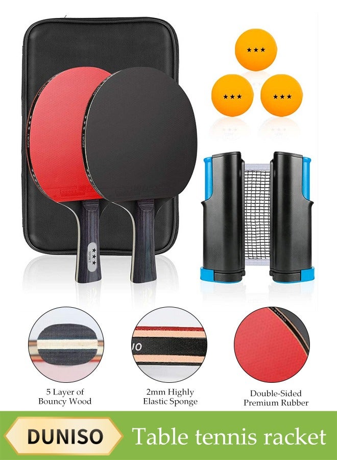 2 Long-Handled Table Tennis Rackets With Three Three-Star Ping Pong Balls, High-Performance Set With Net, Table Tennis Racket Set, Ideal For Skill Development, With Retractable Net, Suitable For Indoor Table Tennis And Outdoor Sports