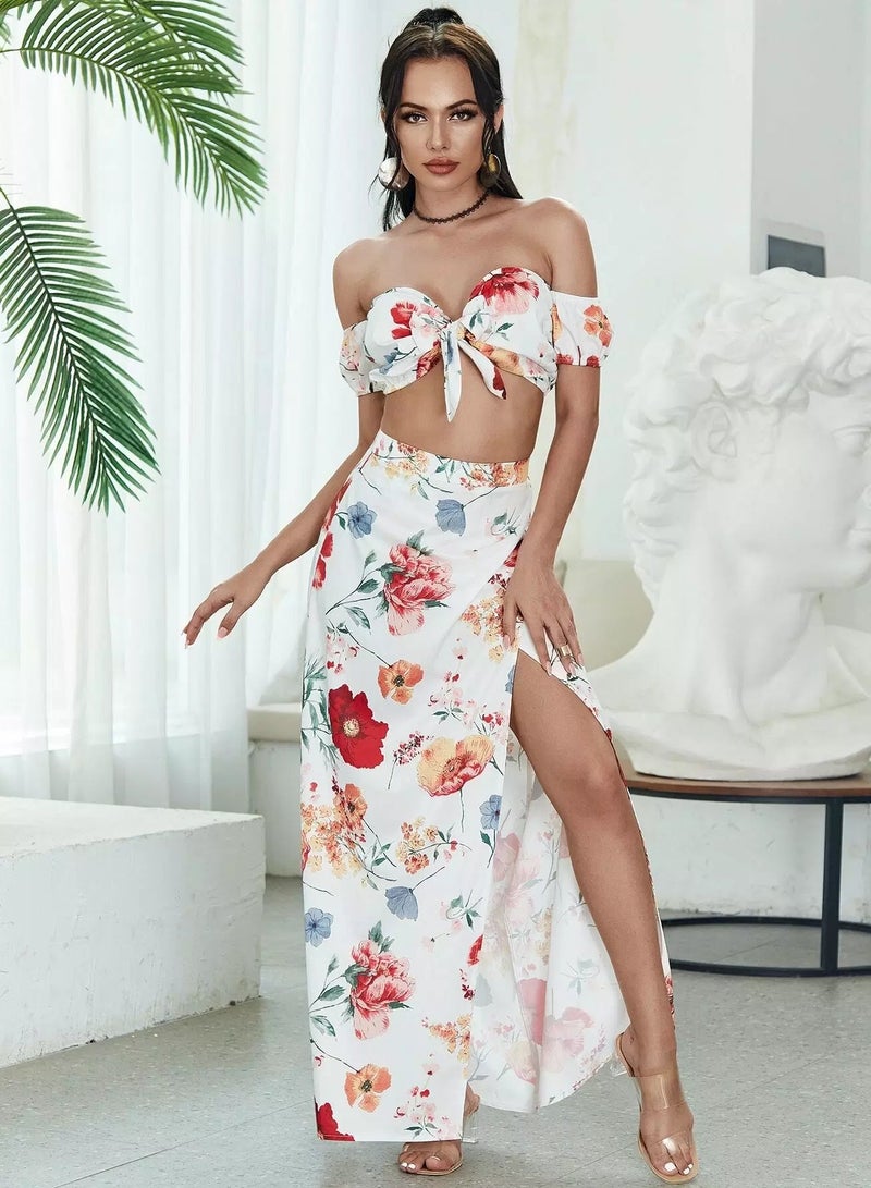 Tie Front Floral Bardot Top & Wrap Skirt Set - Image 1
