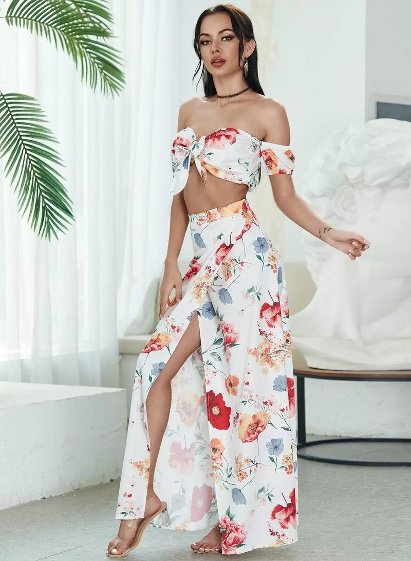 Tie Front Floral Bardot Top & Wrap Skirt Set - Image 5