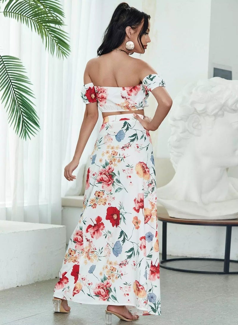 Tie Front Floral Bardot Top & Wrap Skirt Set - Image 2