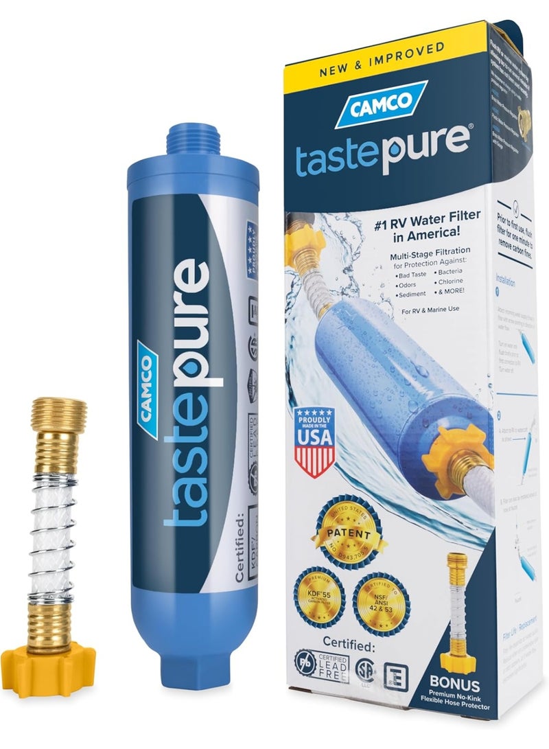 Camco Tastepure RV Water Filter - Advanced RV Inline Water Filter with Flexible Hose Protector - GAC & KDF Filtration - Made in USA - Camping Essentials for Fresh Drinking Water (40043) - Image 1