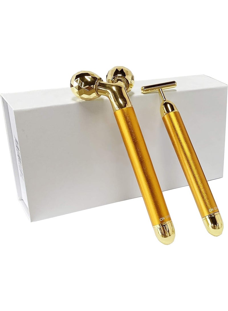 ATRJSZ 24K Gold 3D Roller Face Massager - Anti-Aging Beauty Bar with Electric Sonic Vibration | Instant Face Lift & Skin Tightening | T-Shape Massager Kit for Wrinkle Reduction - Image 1
