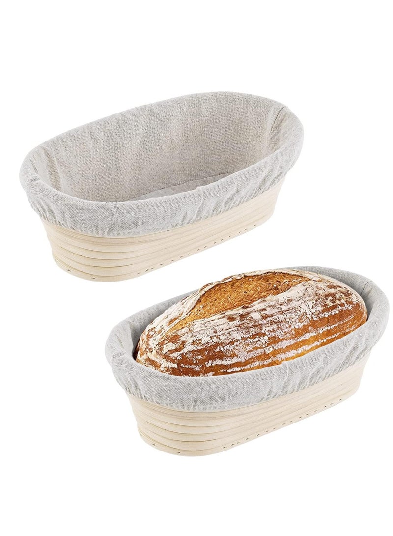 2 Pack 10 Inch Sourdough Bread Proofing Basket Set Oval Beige Rattan Dough Bowl with Cloth Liner for Home Bakers European Style Baking Tools - Image 1