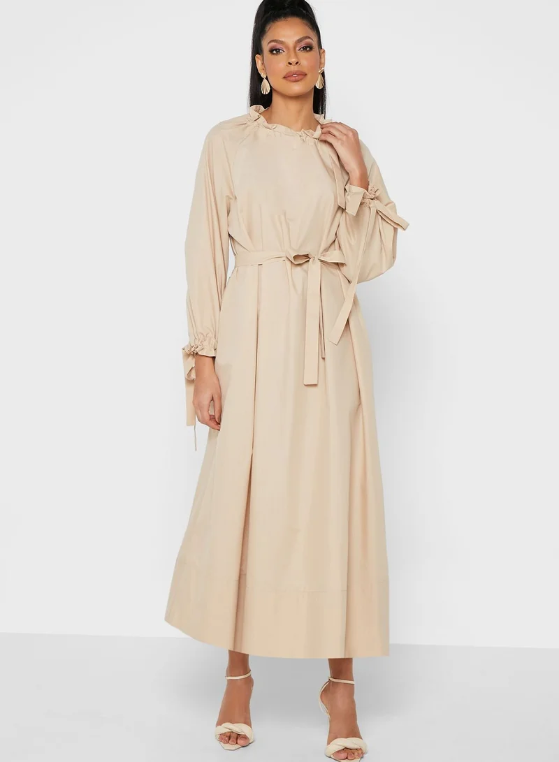 ANOTAH Balloon Sleeves Belted Dress