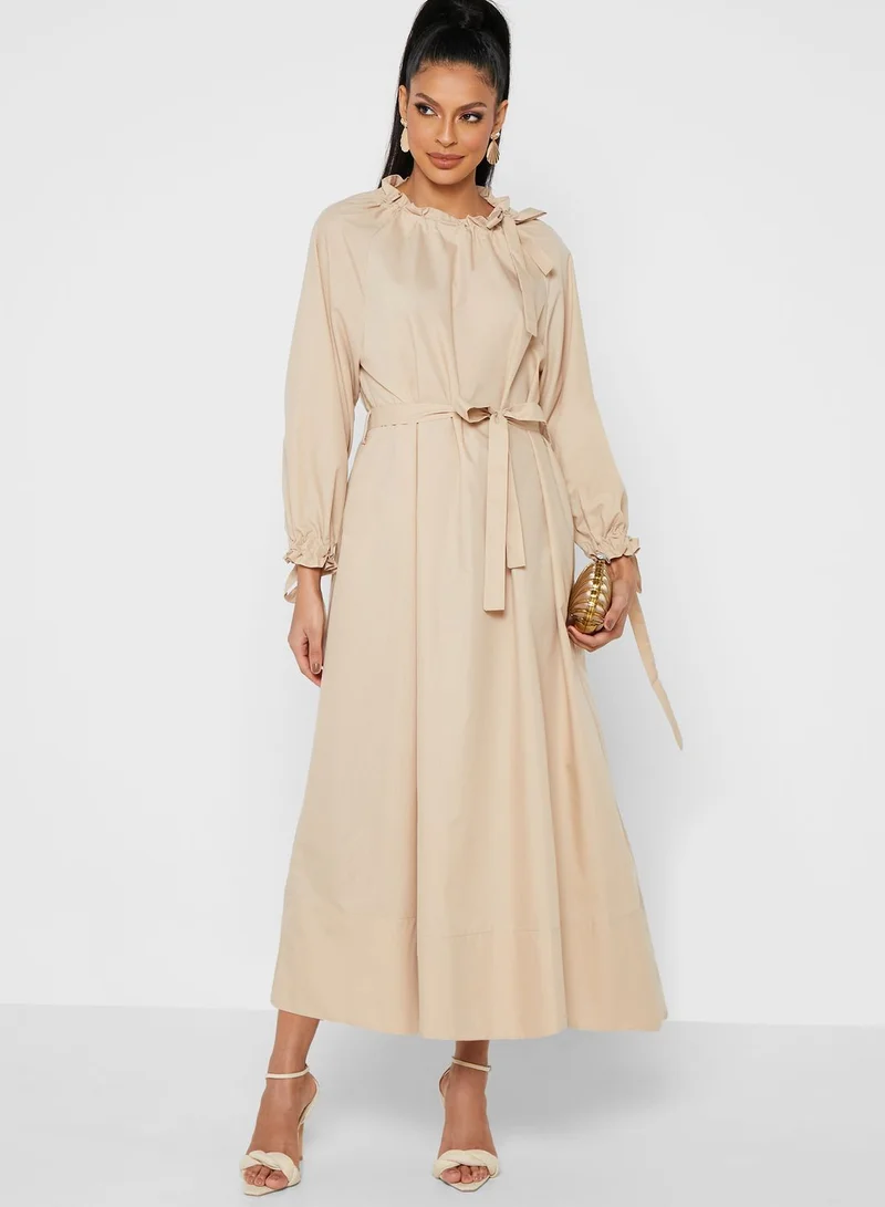 ANOTAH Balloon Sleeves Belted Dress