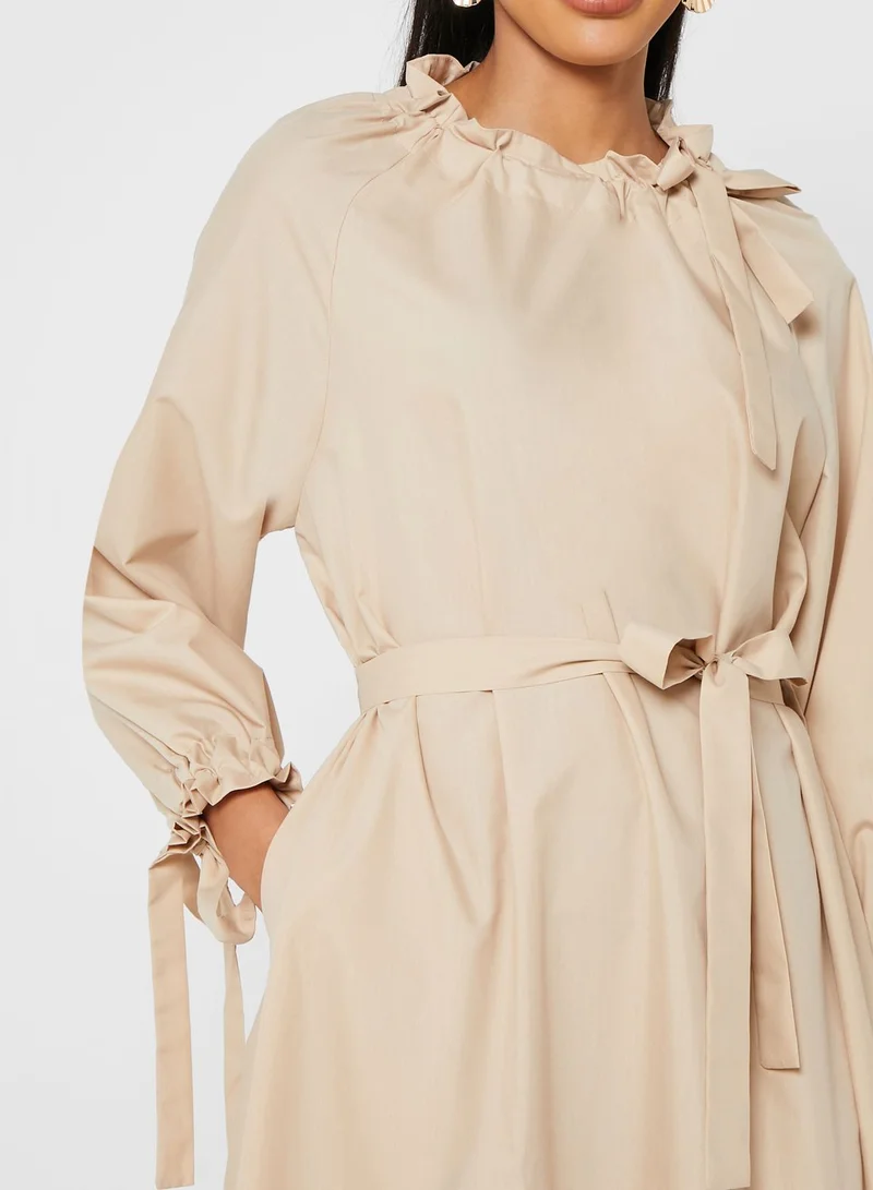 ANOTAH Balloon Sleeves Belted Dress