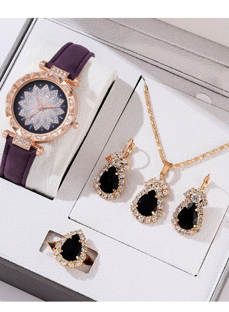 [2023 New Design]Ladies Watch Fashionable Women Quartz Diamond Wristwatch Classic Simple Watches Business Decoration Bangle Bracelet Necklace Ring Earring Girl Gift Set  - Image 1