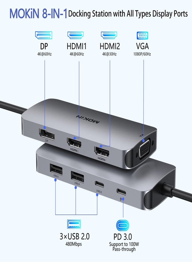 Mokin USB C Docking Station Dual HDMI, MOKiN Docking Station 3 Monitors, Displayport, VGA, 100W PD Charging, 2USB A 2.0, USB C 2.0 Ports Multiport Adapter, 8 in 1 USB Hub for Dell, HP, Lenovo Thinkpad - Image 2