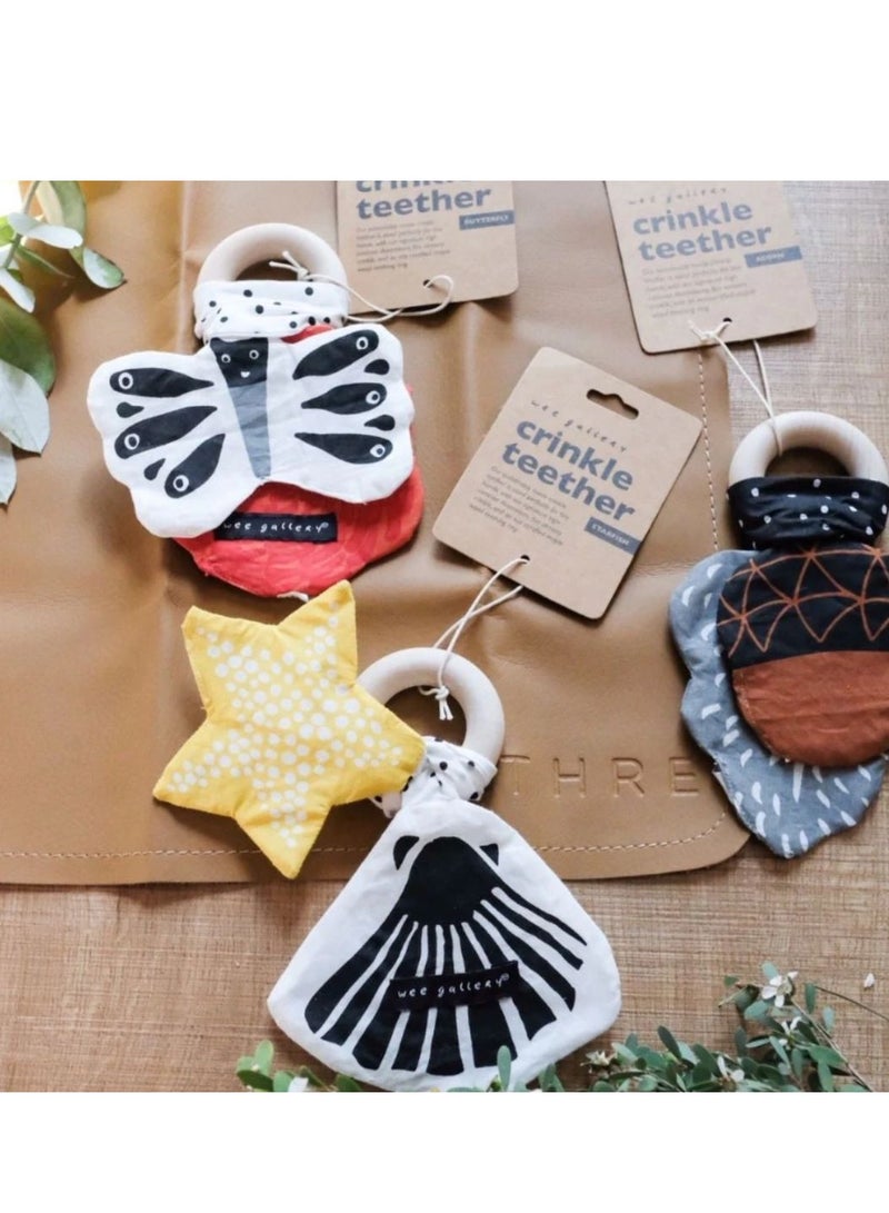 Wee Gallery Crinkle Teether – Acorn wooden Teething Ring With Crinkle Material Teether toy providing substantial grip- Soothing Infant teether With Crinkle Sound for 4-8 moths baby - Image 3