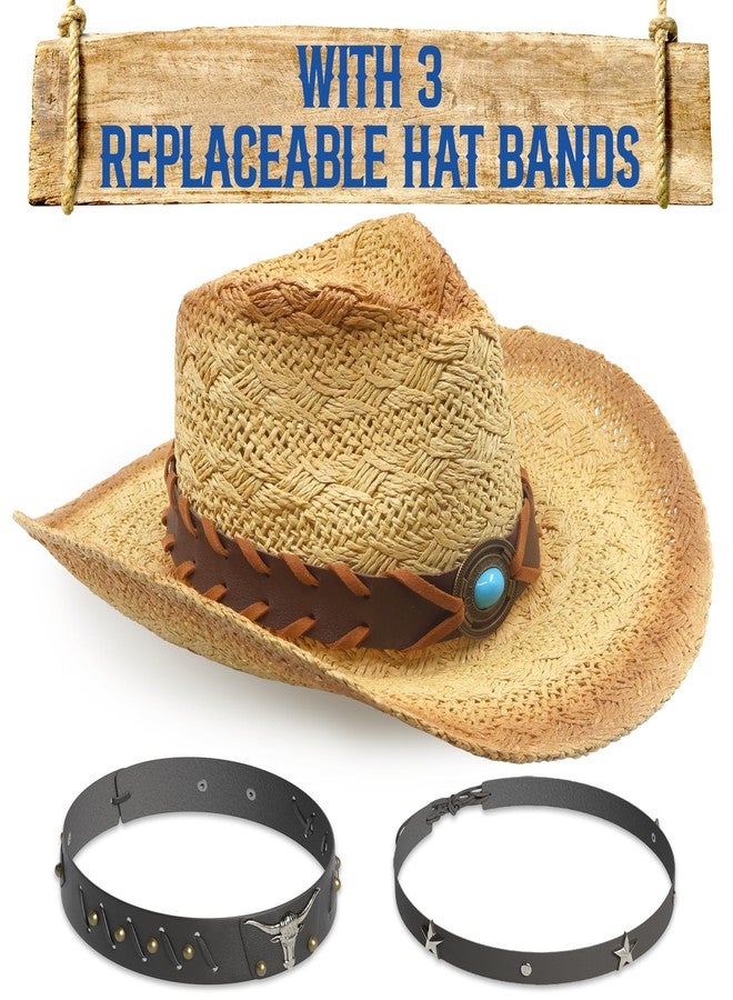 Funcredible Straw Cowboy Hat - Summer Cowgirl Hat - Vintage Cowboy Hat with 3 Replaceable Hat Bands - Western Hat, Cowboy Attire for Men and Women (Style2) - Image 1