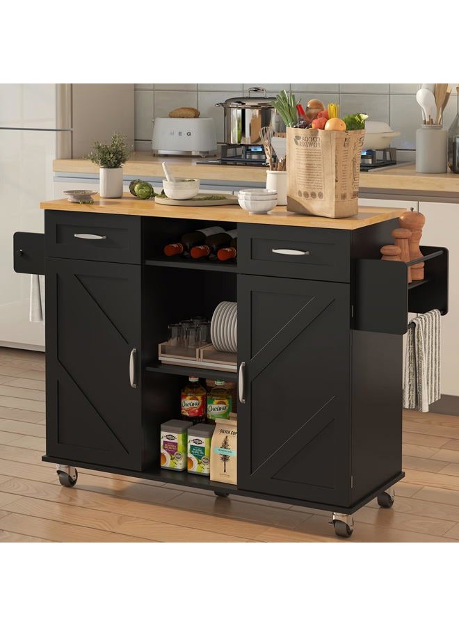 knoworld Rolling Kitchen Island with Storage Cabinet & Drawers, Drop Leaf Kitchen Cart on Wheels, Farmhouse Portable Mobile Islands, Large Butcher Block Table with Tower/Spice Rack, Black - Image 2