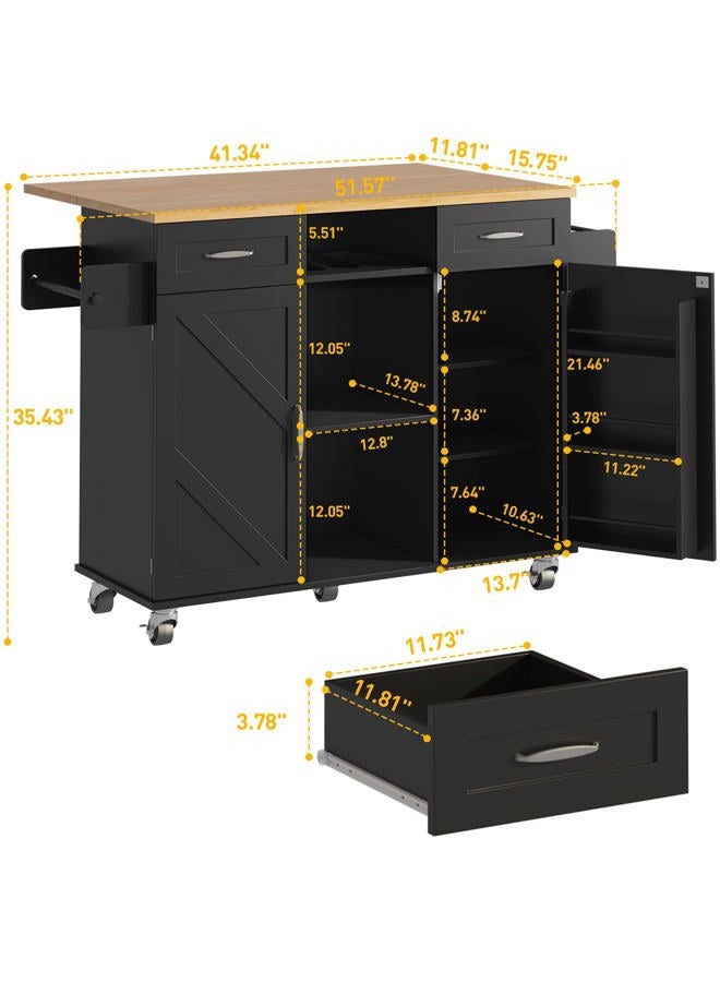 knoworld Rolling Kitchen Island with Storage Cabinet & Drawers, Drop Leaf Kitchen Cart on Wheels, Farmhouse Portable Mobile Islands, Large Butcher Block Table with Tower/Spice Rack, Black - Image 3