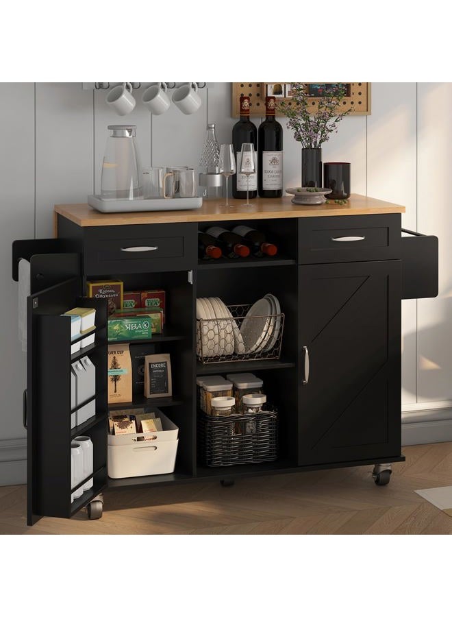 knoworld Rolling Kitchen Island with Storage Cabinet & Drawers, Drop Leaf Kitchen Cart on Wheels, Farmhouse Portable Mobile Islands, Large Butcher Block Table with Tower/Spice Rack, Black - Image 5