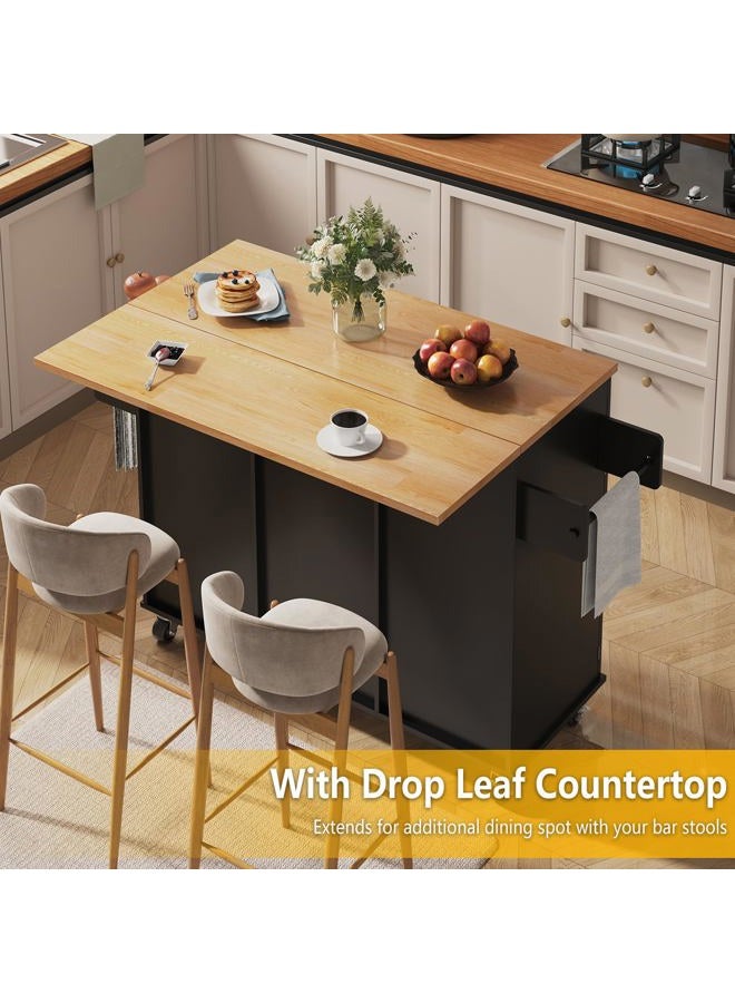 knoworld Rolling Kitchen Island with Storage Cabinet & Drawers, Drop Leaf Kitchen Cart on Wheels, Farmhouse Portable Mobile Islands, Large Butcher Block Table with Tower/Spice Rack, Black - Image 4
