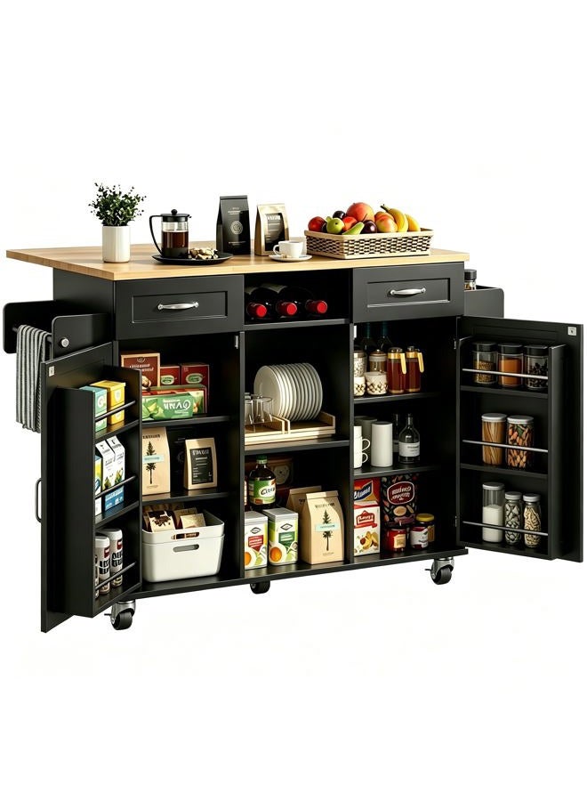 knoworld Rolling Kitchen Island with Storage Cabinet & Drawers, Drop Leaf Kitchen Cart on Wheels, Farmhouse Portable Mobile Islands, Large Butcher Block Table with Tower/Spice Rack, Black - Image 1