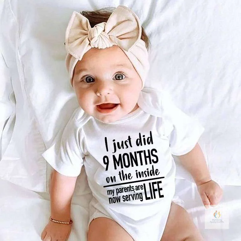 Matching Family Outfits “I Just Did 9 Months on the Inside Baby Bodysuit – Funny Quote Printed Infant Romper, Soft Cotton Short Sleeve Newborn Jumpsuit, Cute Baby Outfit Gift for Boys & Girls (White)”
