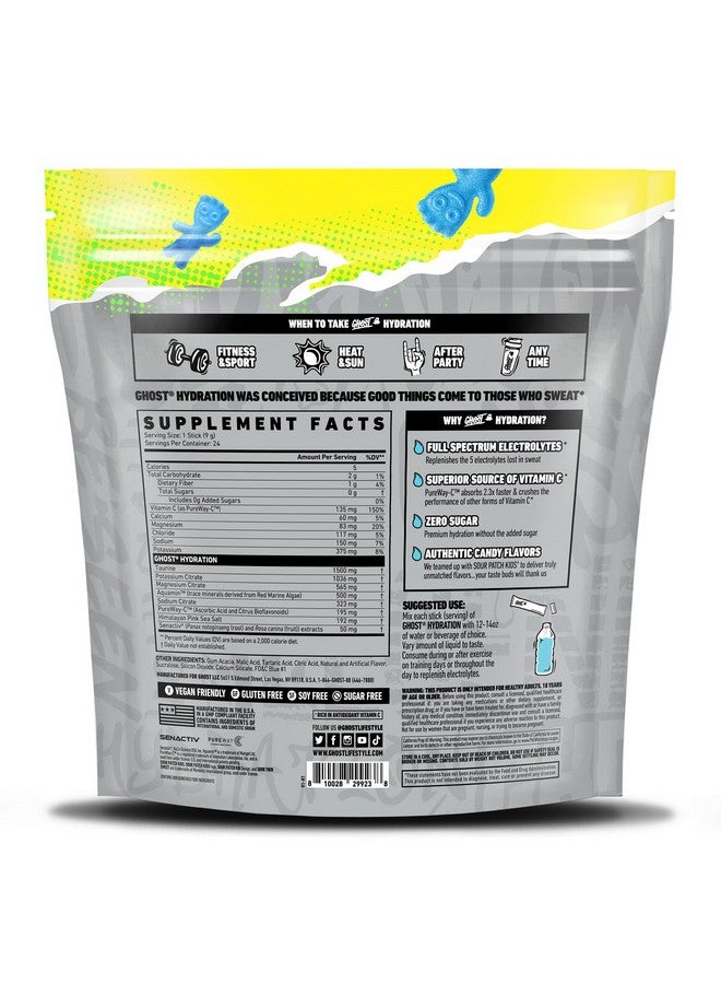 GHOST Hydration Packets, Sour Patch Kids Blue Raspberry, 24 Sticks, Electrolyte Powder - Drink Mix Supplement with Magnesium, Potassium, Calcium, Vitamin C - Vegan, Free of Soy, Sugar & Gluten