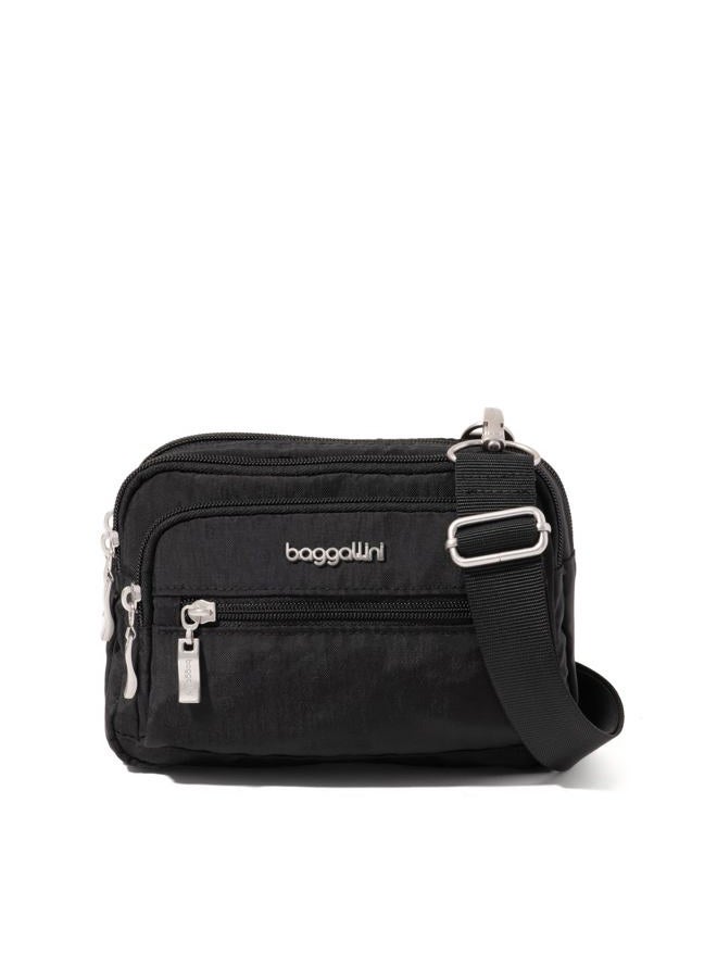 Baggallini Triple Zip Small Crossbody Bag, Black With Sand Lining, Wide Strap, Wide Strap - Image 1