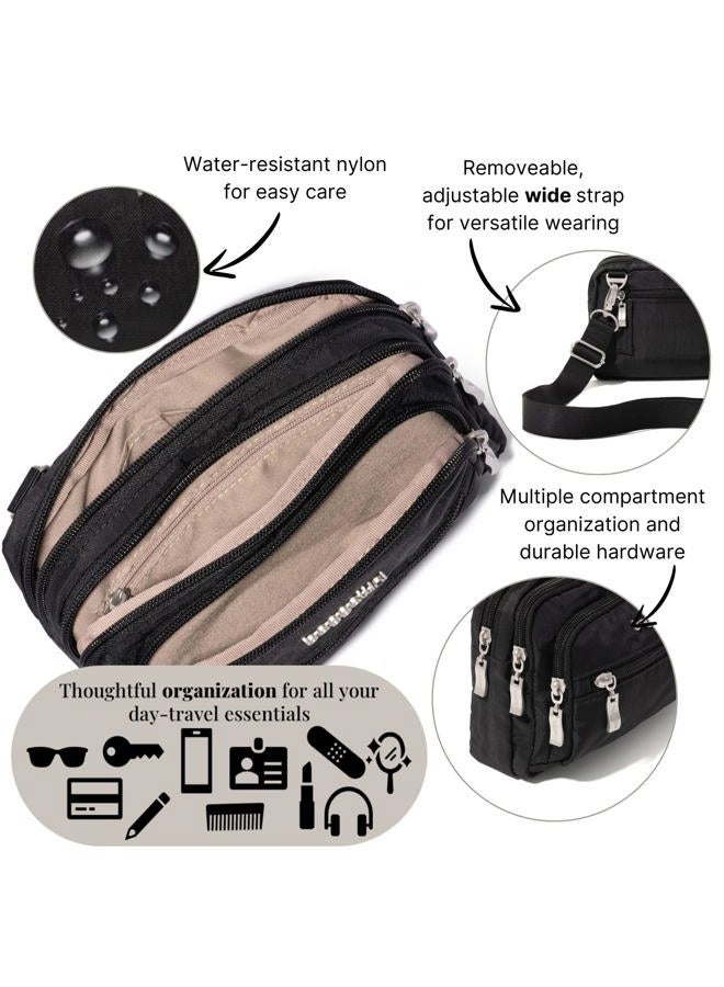 Baggallini Triple Zip Small Crossbody Bag, Black With Sand Lining, Wide Strap, Wide Strap - Image 4