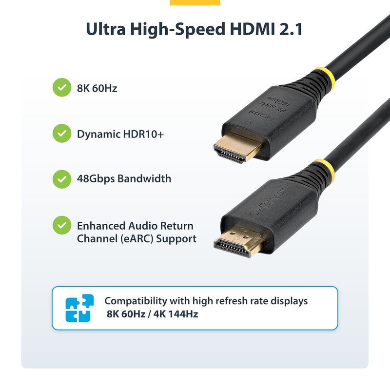StarTech .com 10ft (3m) Certified Ultra High Speed HDMI Cable, 8K 60Hz/4K 120Hz, HDMI 2.1 Cord with HDR10+ / eARC, 48Gbps - Image 2