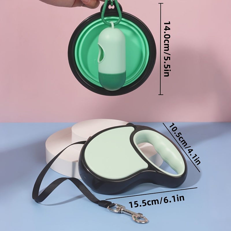 3pcs Green Pet Outing Set Retractable Leash Folding Bowl And Waste Bag For Medium Small Dogs - Image 2