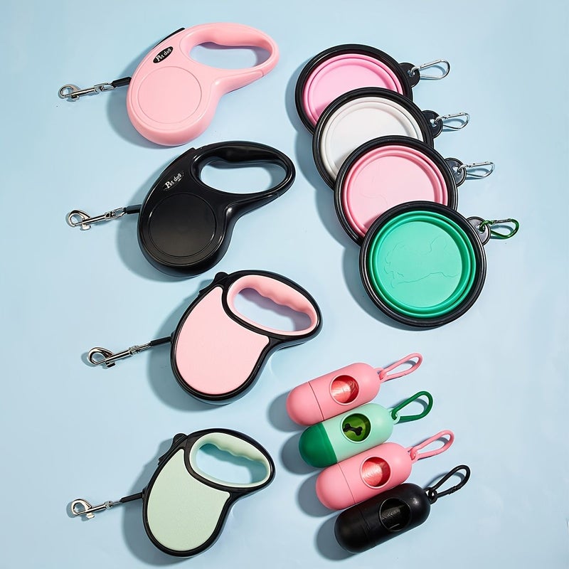 3pcs Green Pet Outing Set Retractable Leash Folding Bowl And Waste Bag For Medium Small Dogs - Image 1