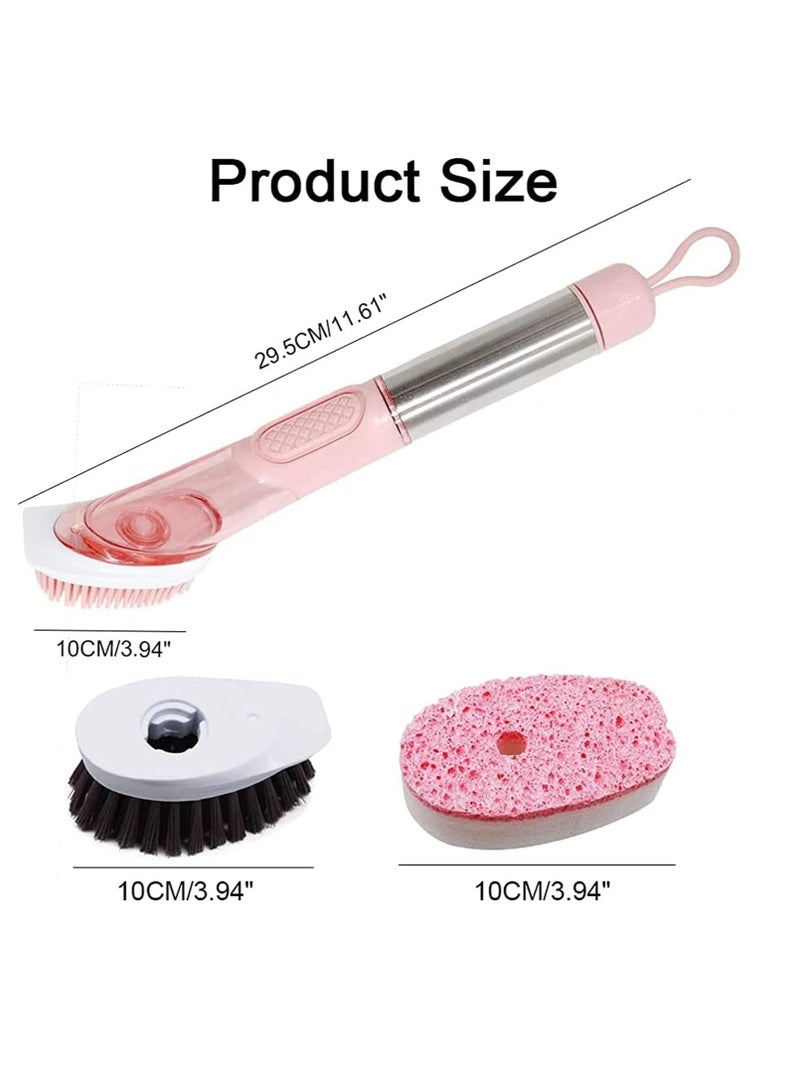 Y&D Kitchen Dish Brush, Soap Dispensing Scrub Brush with Handle, for Pot Pan Sink Cleaning, 3 Reusable Refill Replacement Heads (Pink) - Image 4